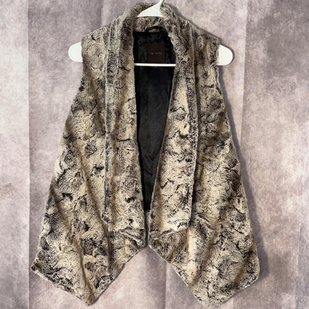 Womens Med/Large Faux‎ Fur Open Front Draped Chic Cozy Core Vest Animal Print